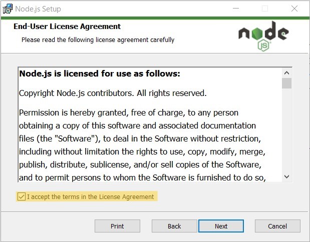Node.jsのライセンスについて確認する画面